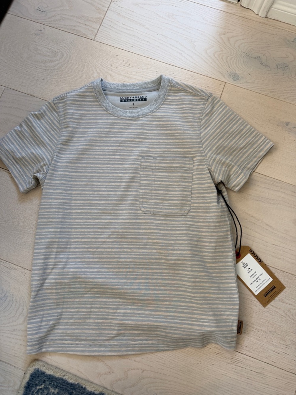 Lucky Brand Light Gray & White Striped Pocket Tee